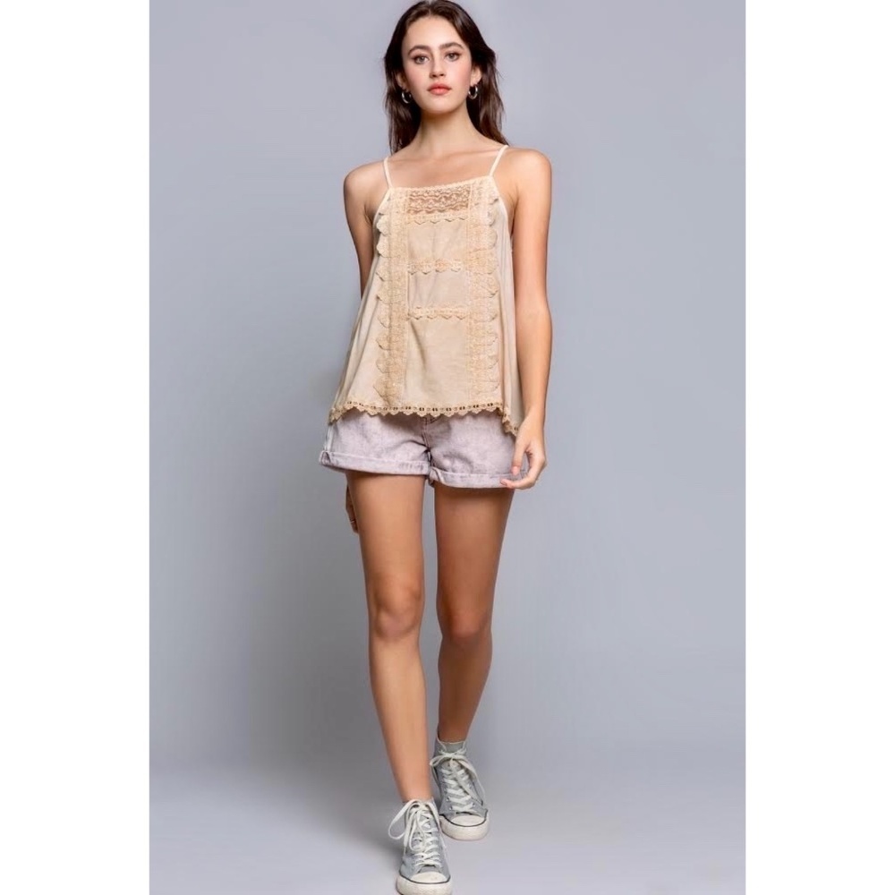 POL Golden Sand Lace Detail Spaghetti Strap Rayon Cami Top - Picture 5 of 6